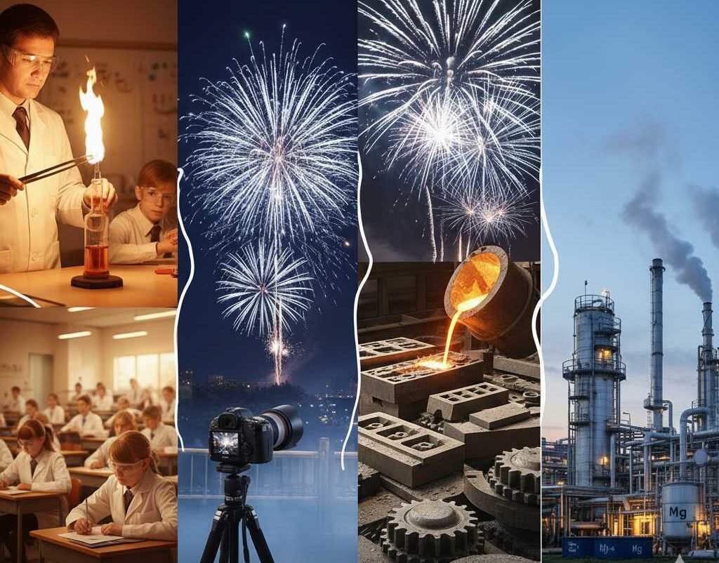 Collage showing applications of magnesium in a chemistry lab experiment, fireworks, metal foundry casting, and industrial chemical plant production.