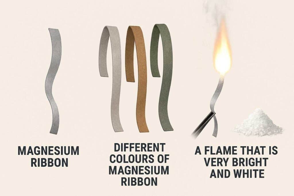 Comparison of shiny magnesium ribbon vs oxidized brown and green ribbons, and the bright white flame produced when the magnesium is burned, forming magnesium oxide powder.