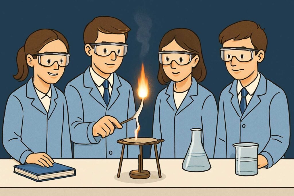 Chemistry students in lab coats and safety goggles observing the burning of a magnesium ribbon experiment over a Bunsen burner.