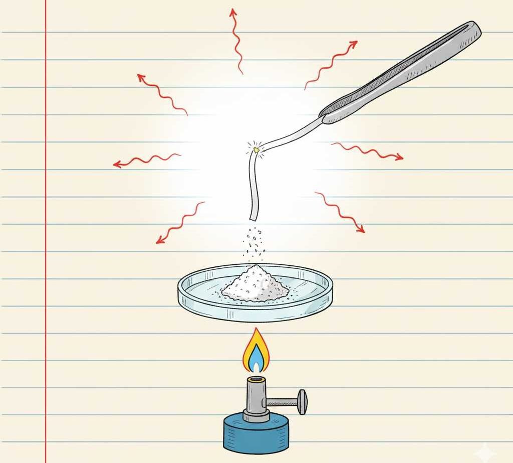 Diagram of the magnesium ribbon burning experiment, showing the metal being heated by a Bunsen burner, dropping magnesium oxide (MgO) ash onto a petri dish.
