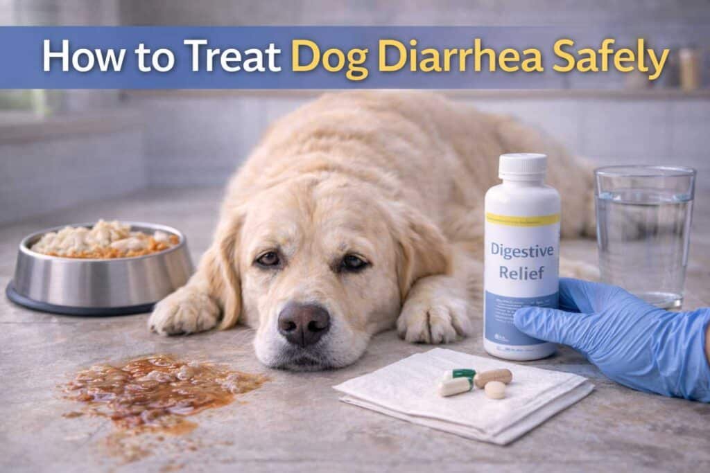 A sick golden retriever lying on the floor with a bottle of digestive relief, illustrating how to treat dog diarrhea safely as part of natural home remedies for dog diarrhea treatment and cure.