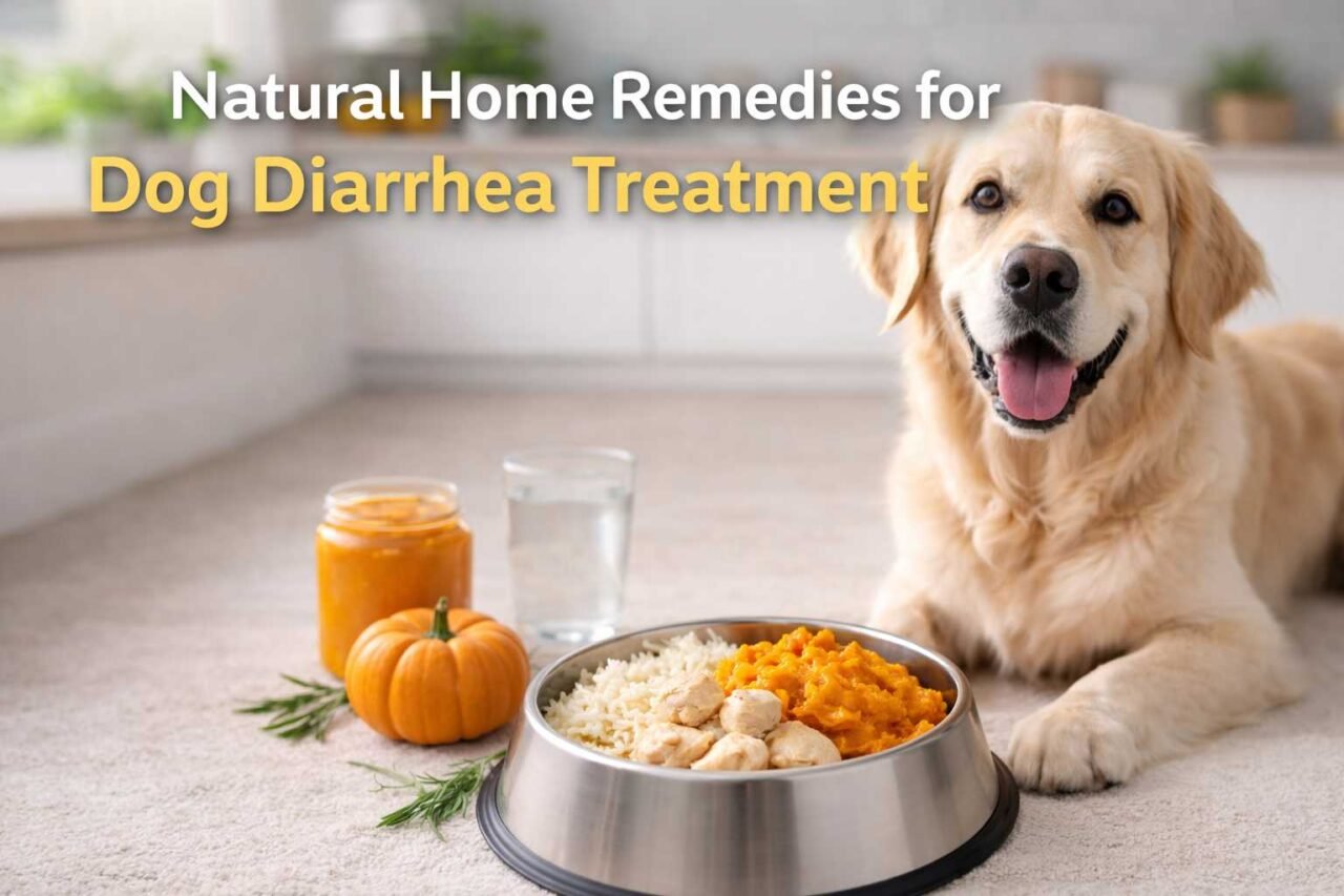 An Australian Shepherd lying near vomit and diarrhea on the floor, demonstrating the symptoms of dog vomiting and diarrhea together as part of natural home remedies for dog diarrhea treatment and cure.