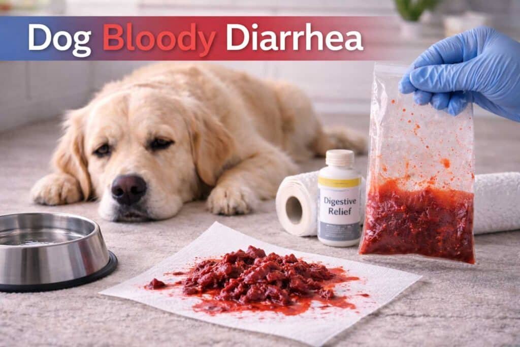 A tired dog resting on a carpet with a title overlay for understanding dog diarrhea, a key step in natural home remedies for dog diarrhea treatment and cure.