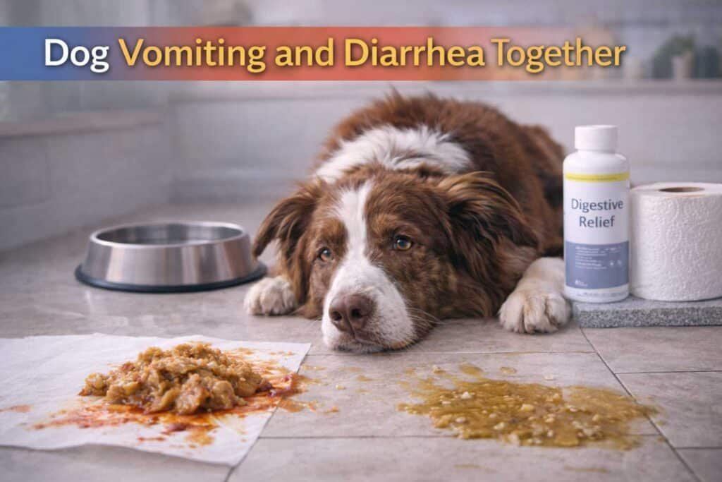 A healthy golden retriever next to a bowl of pumpkin, rice, and chicken, showing natural home remedies for dog diarrhea treatment and cure.