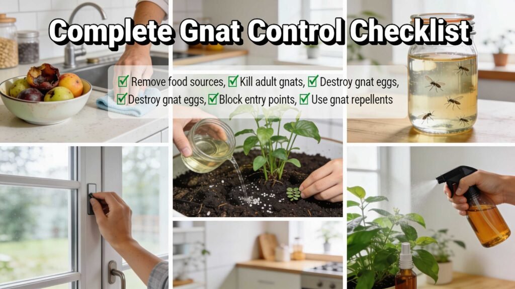 A checklist for total gnat eradication featuring icons for removing food sources, killing adults, destroying eggs with soil drenching, blocking entry points like windows, and using natural repellents.