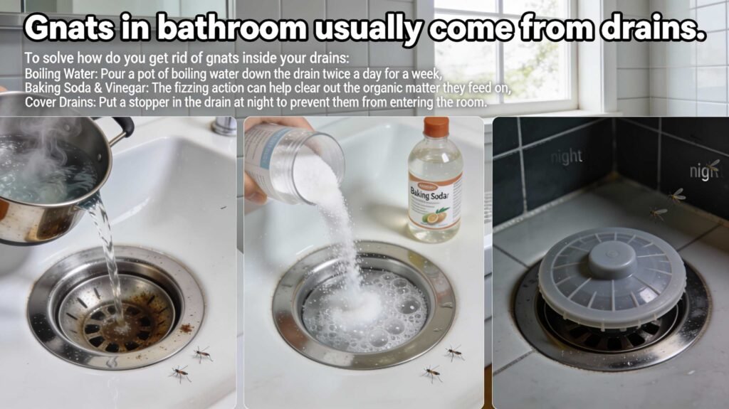 Instructional graphic showing how to clear gnats from drains. Steps include pouring boiling water down the sink, using a fizzing mixture of baking soda and vinegar to clear organic matter, and using a drain stopper at night.