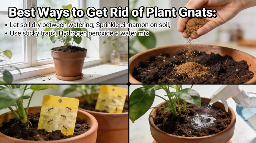A four-step guide on how to kill fungus gnats in houseplants. It includes letting soil dry out, sprinkling cinnamon as a natural fungicide, using yellow sticky traps to catch adults, and drenching soil with a hydrogen peroxide and water mixture.
