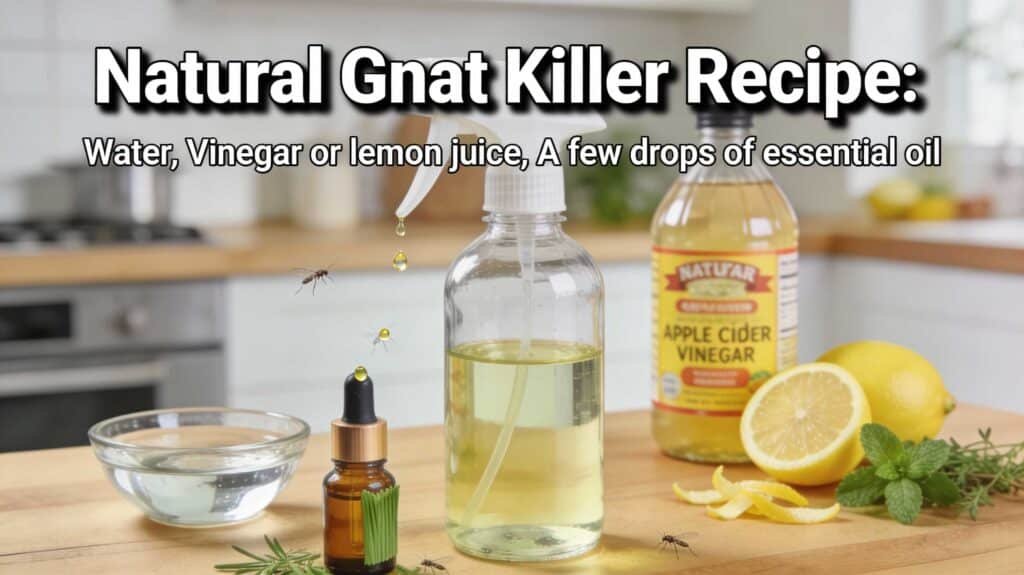 A close-up of a glass jar filled with apple cider vinegar and a drop of dish soap, surrounded by gnats. The text identifies this as the most effective natural way to kill gnats.