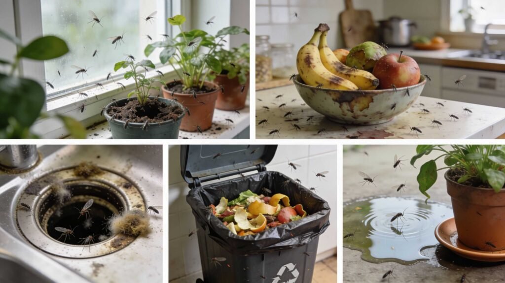 A collage of five photos highlighting gnat breeding sites: damp plant soil, overripe fruit in a bowl, a dirty kitchen drain, an open compost bin with food scraps, and a puddle of standing water under a flower pot.