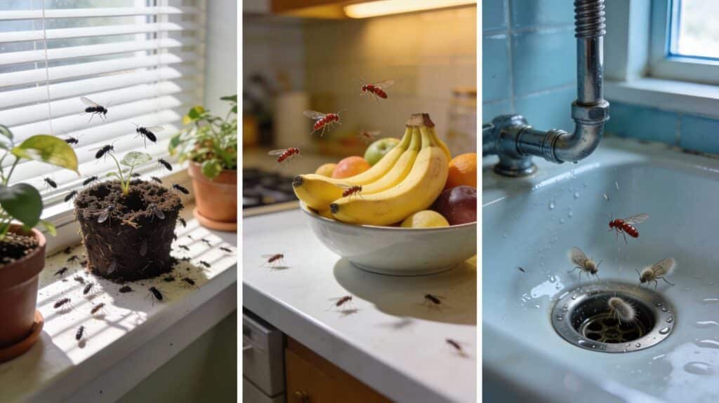 A three-paneled collage showing common gnat infestations: fungus gnats swarming a potted plant on a windowsill, fruit flies hovering over a bowl of bananas on a kitchen counter, and drain flies emerging from a bathroom sink.