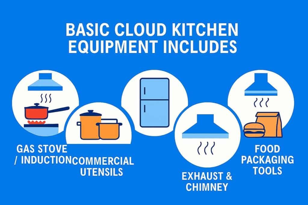 Basic Cloud Kitchen Equipment graphic listing Gas Stove/Induction, Commercial Utensils, Refrigerator, Exhaust & Chimney, and Food