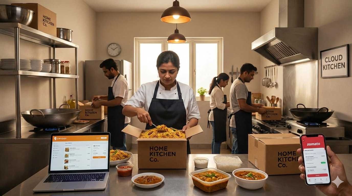 A wide photograph of a busy cloud kitchen. A woman in the center packs biryani into a branded box. Other staff cook and pack food. The counter shows containers of food, a laptop with a Swiggy order screen, and a smartphone displaying the Zomato app.