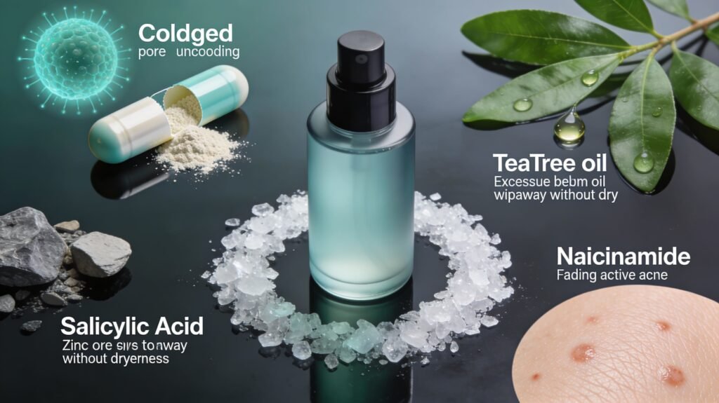 A dark, moody product shot featuring a frosted teal spray bottle centered in a ring of translucent crystals. Around the bottle are various active ingredients and labels: Tea Tree oil leaves, a capsule of white powder, and grey mineral stones. Text overlays include "Salicylic Acid," "Tea Tree oil," and "Naicinamide," with descriptions focusing on pore unclogging and fading active acne. A circular inset in the bottom right shows a close-up of skin with small blemishes to illustrate the product's target use.