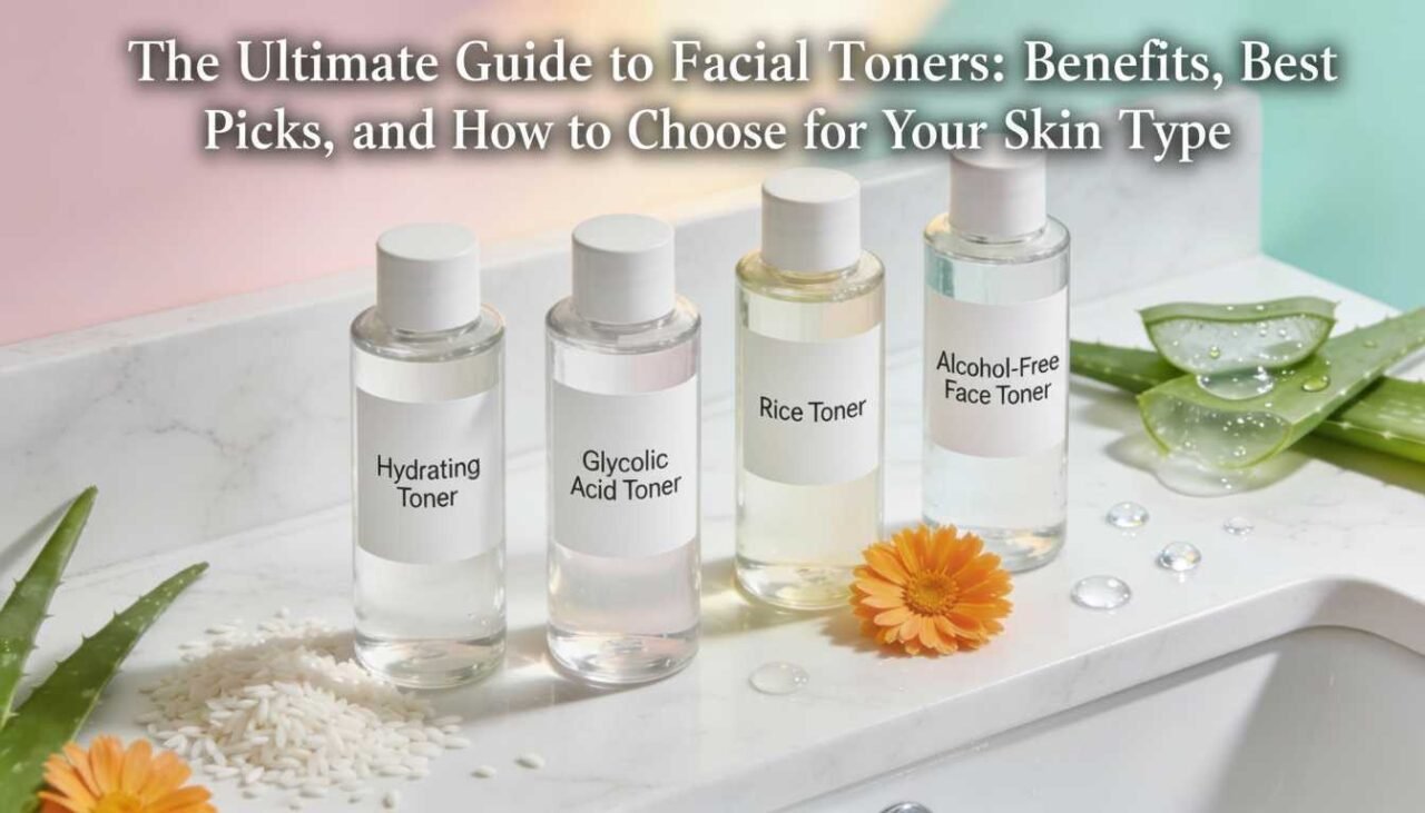 Four clear bottles of facial toner labeled Hydrating, Glycolic Acid, Rice, and Alcohol-Free, displayed on a marble countertop next to fresh aloe vera leaves and orange calendula flowers.