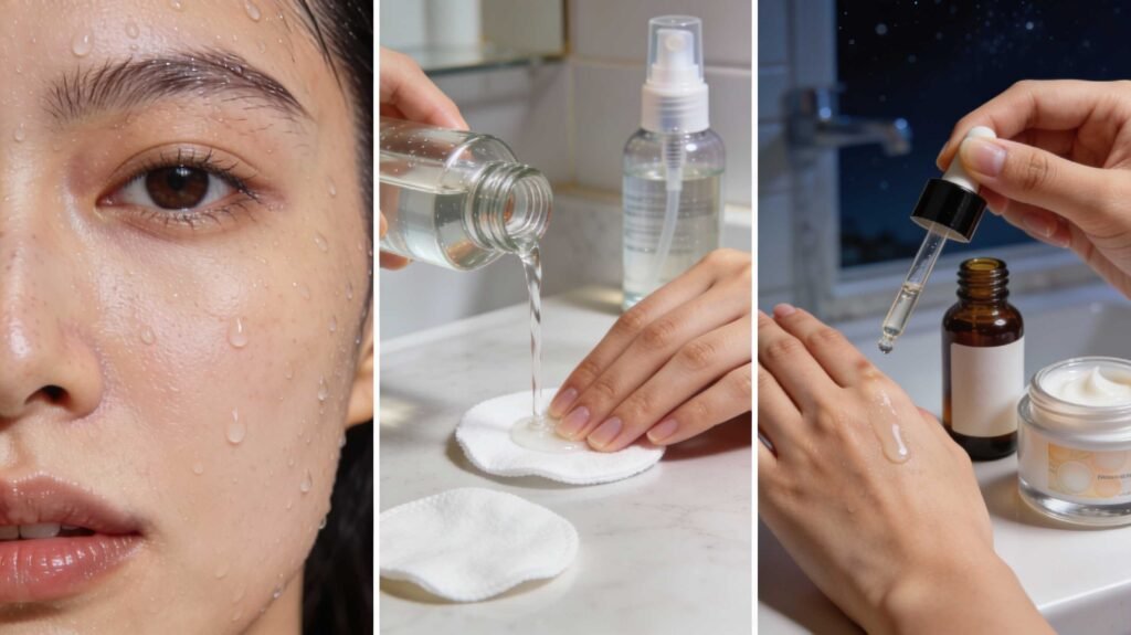 A three-part image showing a close-up of hydrated skin, toner being poured onto a cotton pad, and a hand applying a serum and cream to seal in moisture.