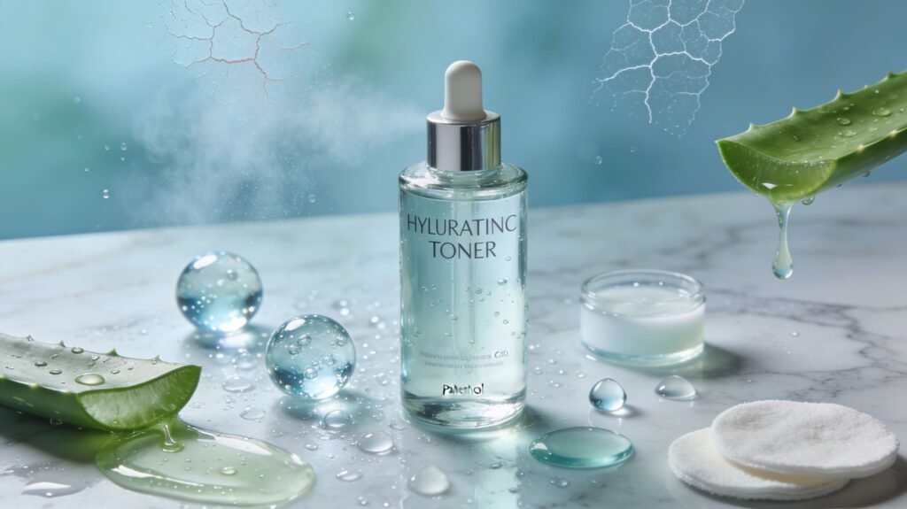 A high-angle, lifestyle product shot of a clear glass dropper bottle labeled "HYLURATING TONER" sitting on a white marble surface. The scene is surrounded by skincare ingredients including fresh aloe vera leaves with dripping sap, clear water droplets, and glass spheres. In the background, there are faint graphic overlays of cracked dry skin being "repaired" by a mist, suggesting deep hydration. The lighting is bright and airy with a soft blue aesthetic.