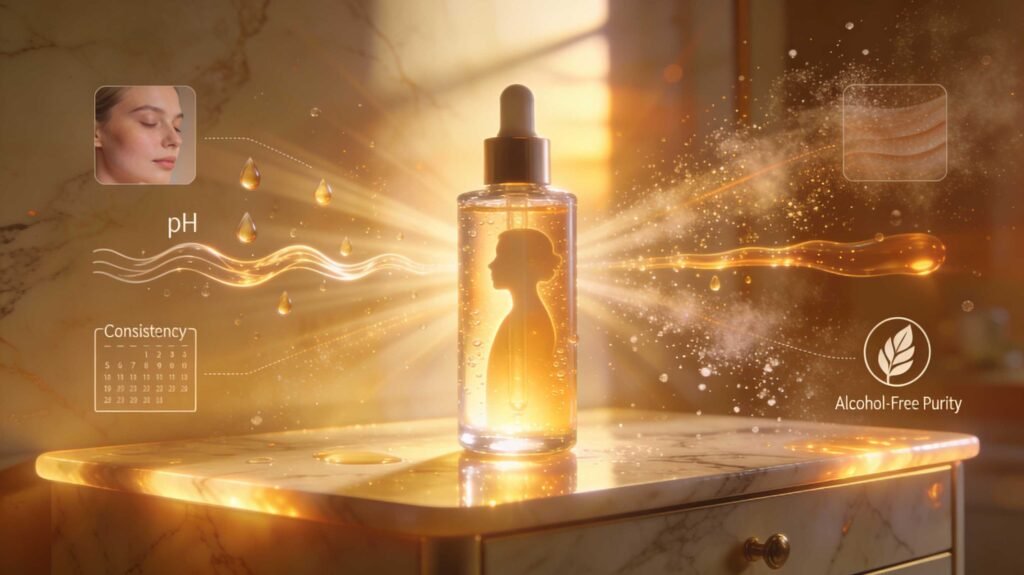 A close-up of a person's face with large water droplets, demonstrating the intense hydration and "plumping" effect of a high-quality facial toner.