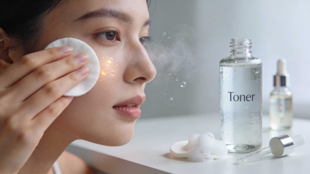 A woman applying a clear liquid toner to her cheek using a soft cotton round, with the bottle and a facial oil dropper in the blurred background.