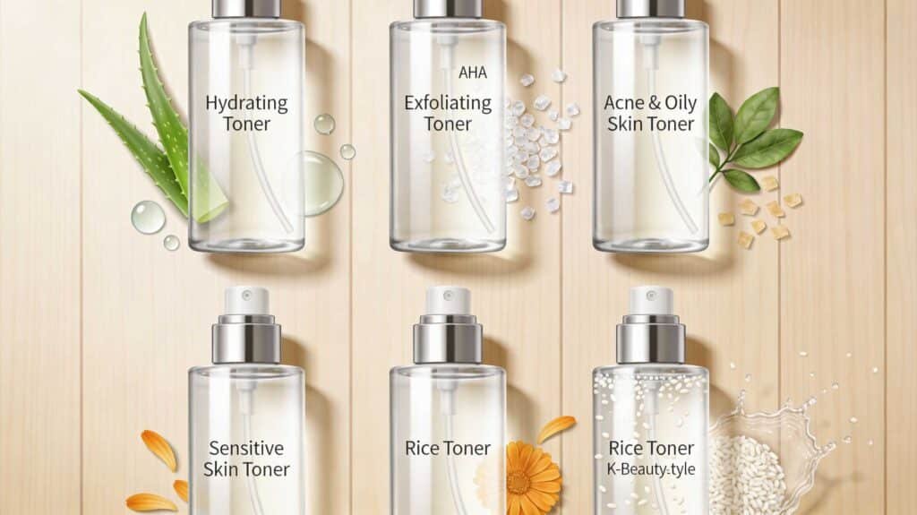 Six clear spray and pump bottles of toner organized on a wooden surface, categorized for Hydrating, Exfoliating (AHA), Acne & Oily Skin, Sensitive Skin, and Rice Toner (K-Beauty style).