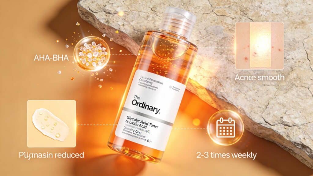 A close-up of The Ordinary Glycolic Acid Toner bottle on a rock surface with graphics showing "Pores reduced" and "Acne smooth," recommending use 2-3 times weekly.