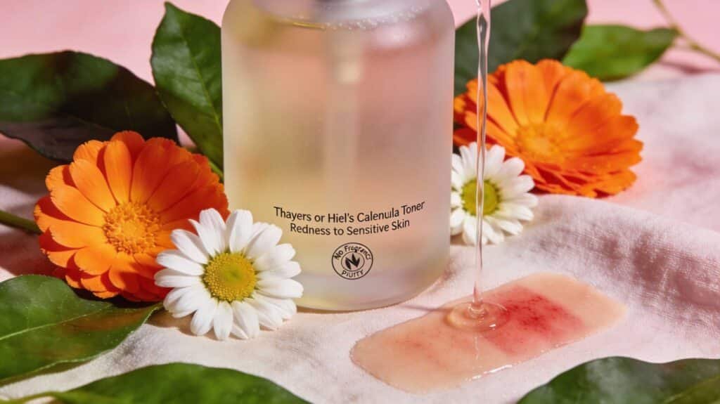 A frosted glass bottle of Calendula Toner surrounded by orange and white daisies, demonstrating a soothing liquid being poured to reduce redness in sensitive skin.
