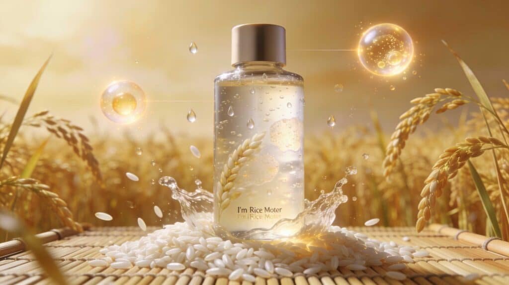 A luxury bottle of Rice Toner standing on a pile of raw rice grains with a golden wheat field in the background, symbolizing brightening and hydration.
