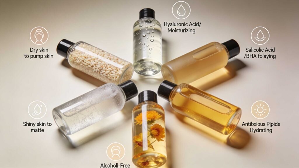 Six small toner bottles arranged in a circle, containing different ingredients like rice, calendula, and hyaluronic acid, with icons highlighting benefits like "Shiny skin to matte" and "Dry skin to plump."