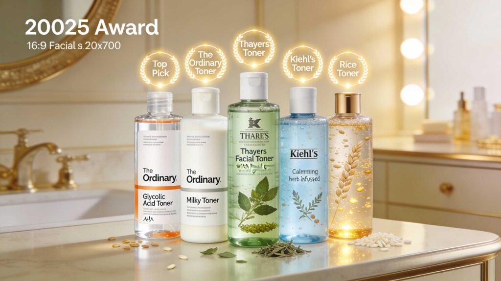A lineup of five top-rated facial toners including The Ordinary Glycolic Acid, The Ordinary Milky Toner, Thayers, Kiehl’s, and a Rice Toner, each featuring a glowing "2025 Award" seal above the bottle.